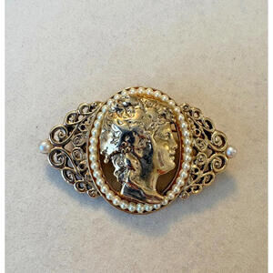 Vintage Victorian Revival Shiny Gold Tone Faux Pearl Cameo Brooch 2 Inch Ornate